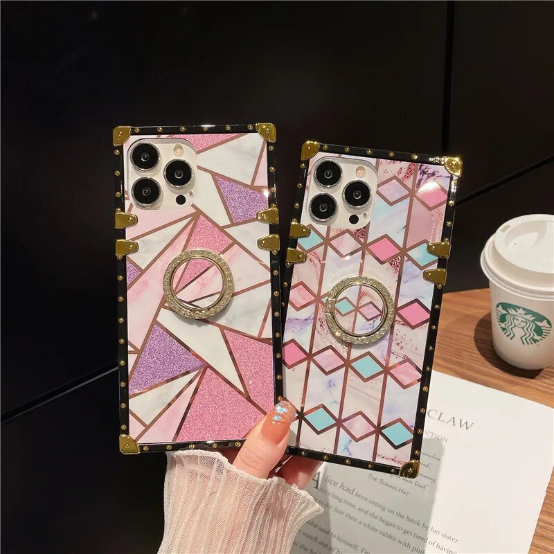 Luxury Diamond Bling Marble Square Phone Case For Samsung J2 J4 J6 Prime A50 A70 A10S A20S A30S A40 M21 M31 M12 A01 M32 A13 Lite. 