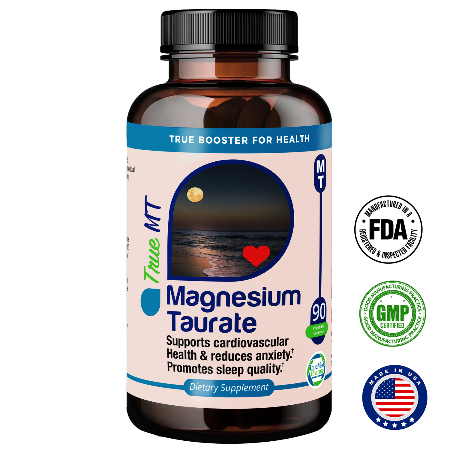 Truemed Organic Magnesium Taurate 1500mg – High Absorption Supplement for Heart, Stress, Sleep & Nerve Support – 90 Veg Capsules – Made in USA