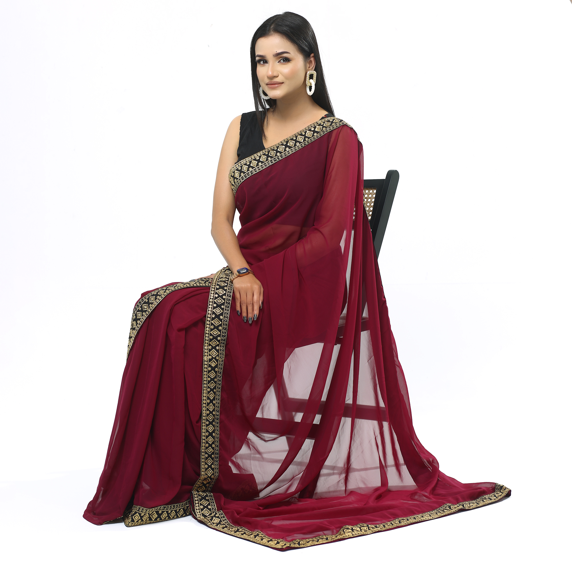 Indian Weightless Georgette Saree Purple Color High Quality Embroidery Work On Blouse