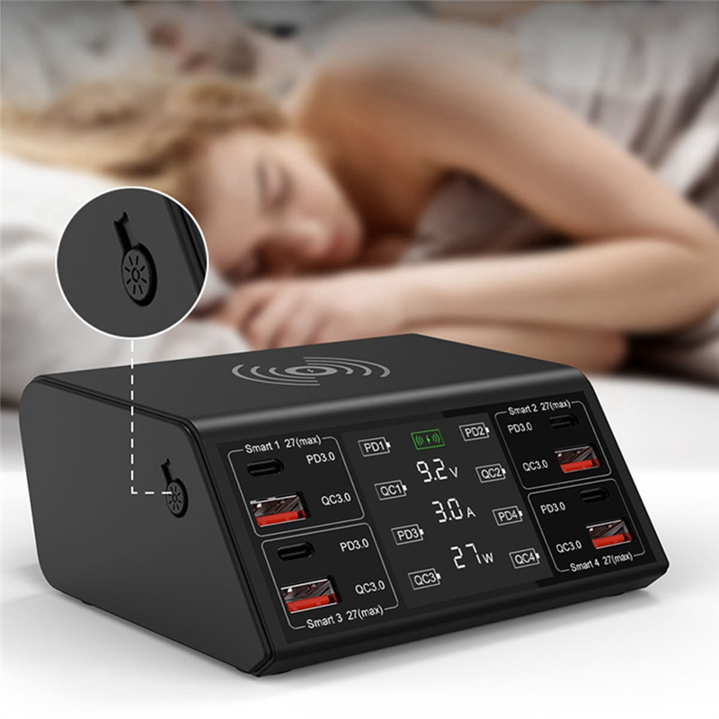 Multi-Port Cell Phone Charger Power Compatible Led Intelligent Digital Display Screen 4-Way Charger Black ,with US Plug. 