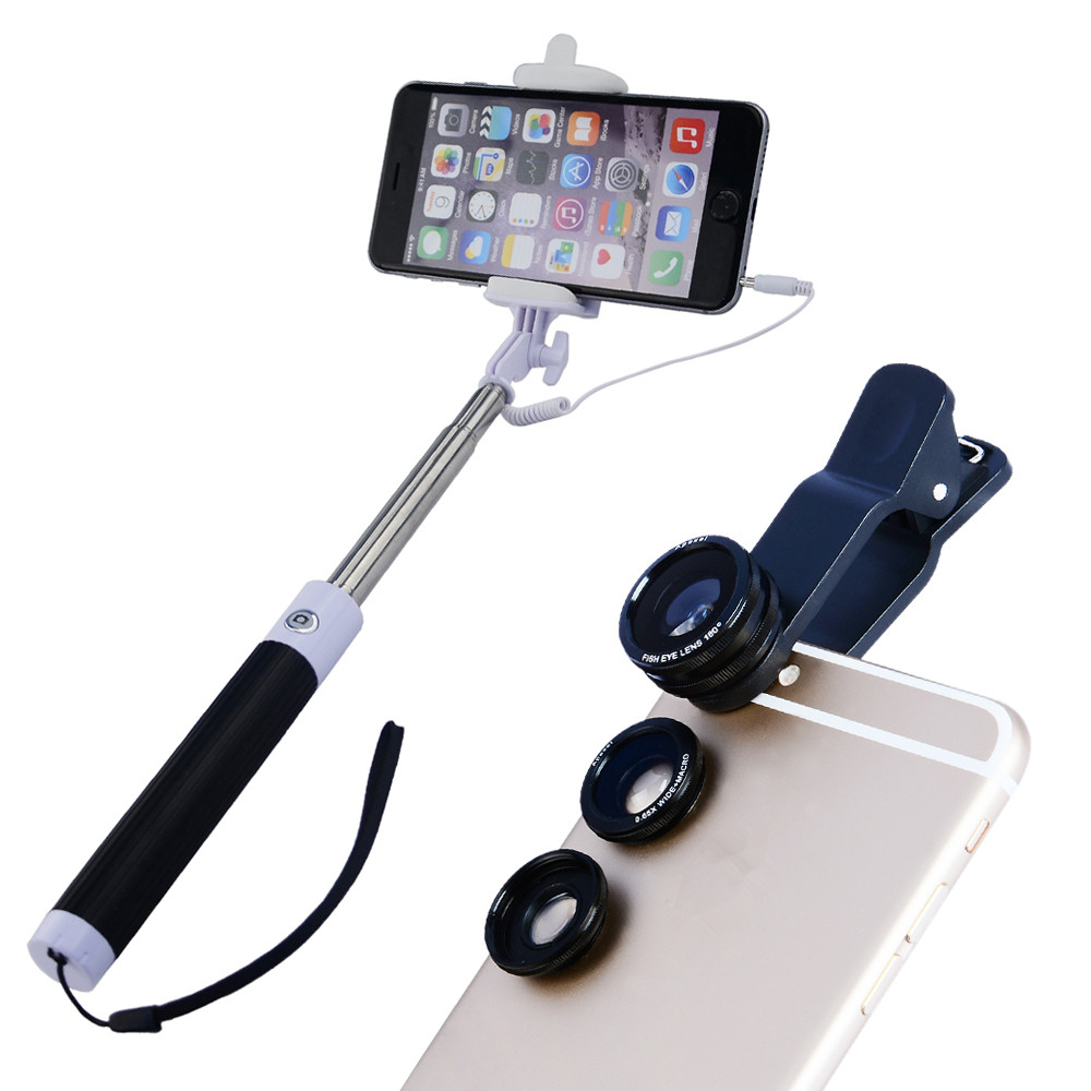 3 In1 Phone Camera Lens Kit Fisheye Wide Angle Macro Telephoto Lens with Selfie Stick Monopod. 