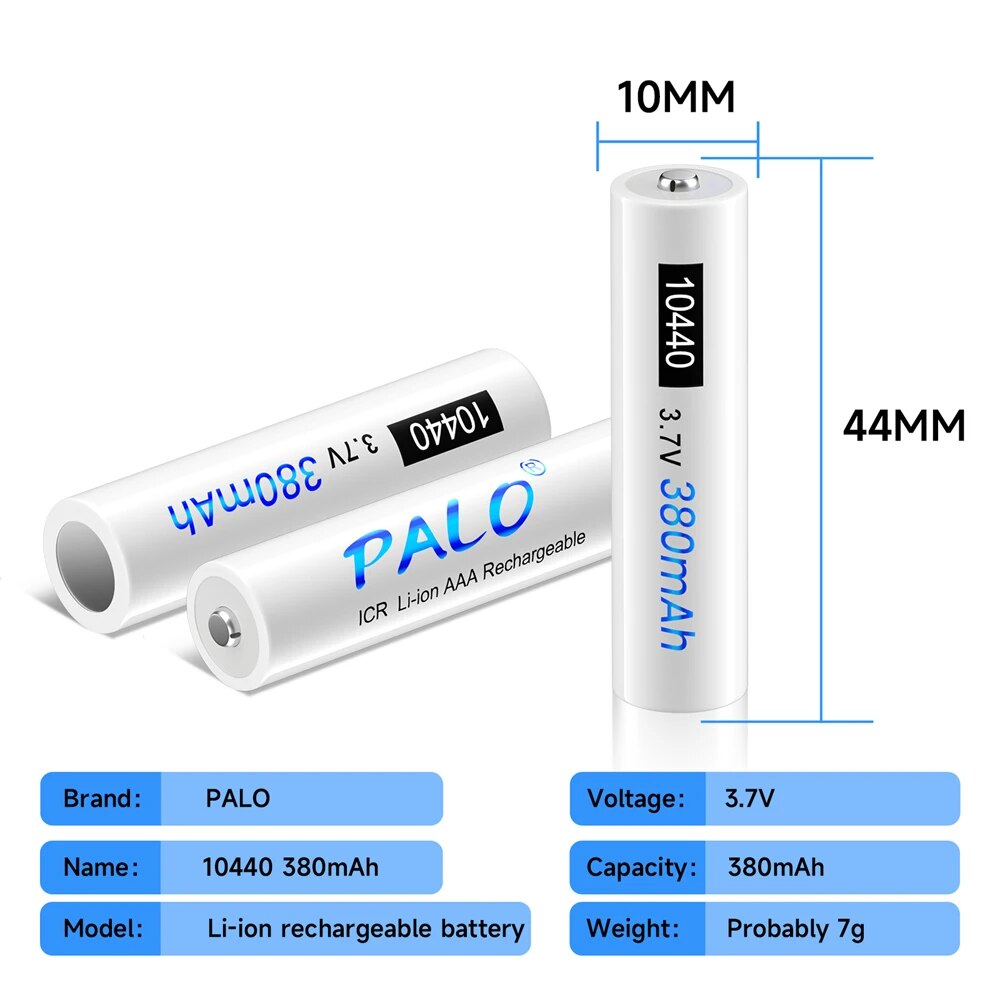 PALO 3.7V 10440 Rechargeable Li-Ion Battery 10440 AAA Lithium ion Batteries for Flashlight Mini Speaker Megaphone lights. 