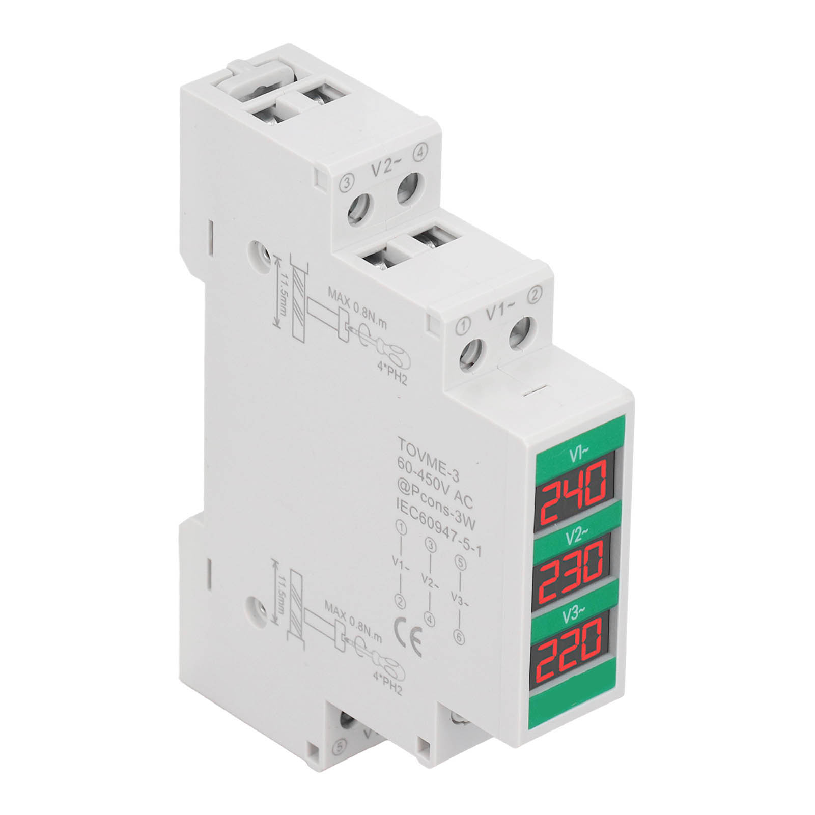 3 Phase AC Voltmeter Din Rail Mount LCD Digital Display Voltage Meter Electric Power Meter 60-450V 1pcs