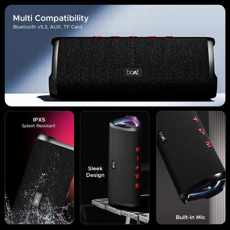 boAt Stone 750 Portable Bluetooth Speaker with 12W RMS Stereo Sound, RGB Lighting Effects, 12 Hours Playtime, Bluetooth 5.3, AUX and TF Card Support, IPX5 Water Resistance, Built-in Microphone.. 