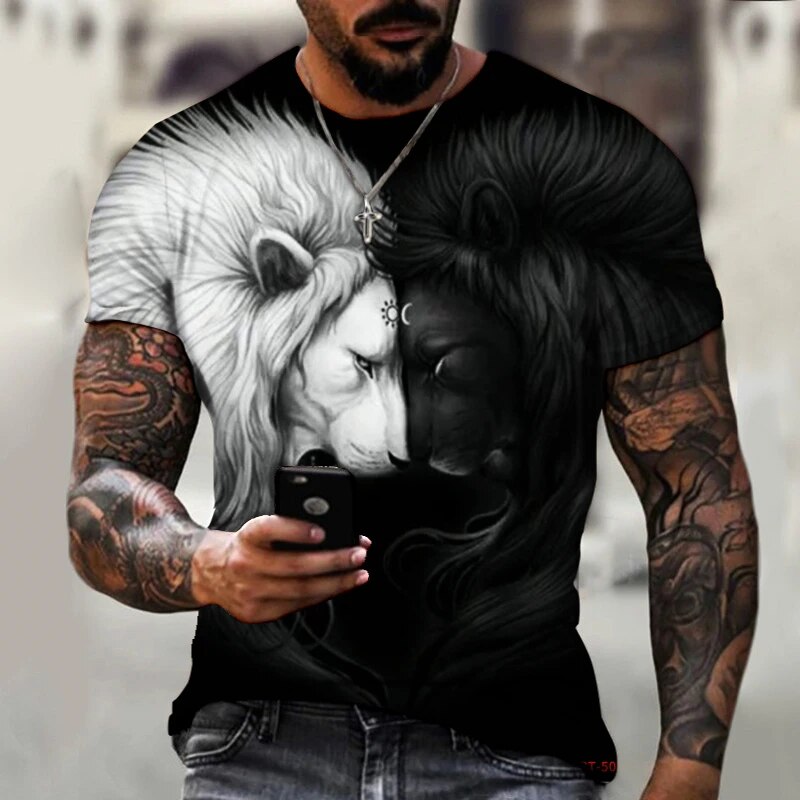 Summer T Shirt Animal Lion 3D Printed Short Sleeve Streetwear Oversized Tops Casual Outfits Fashion Black and White Men's Tee