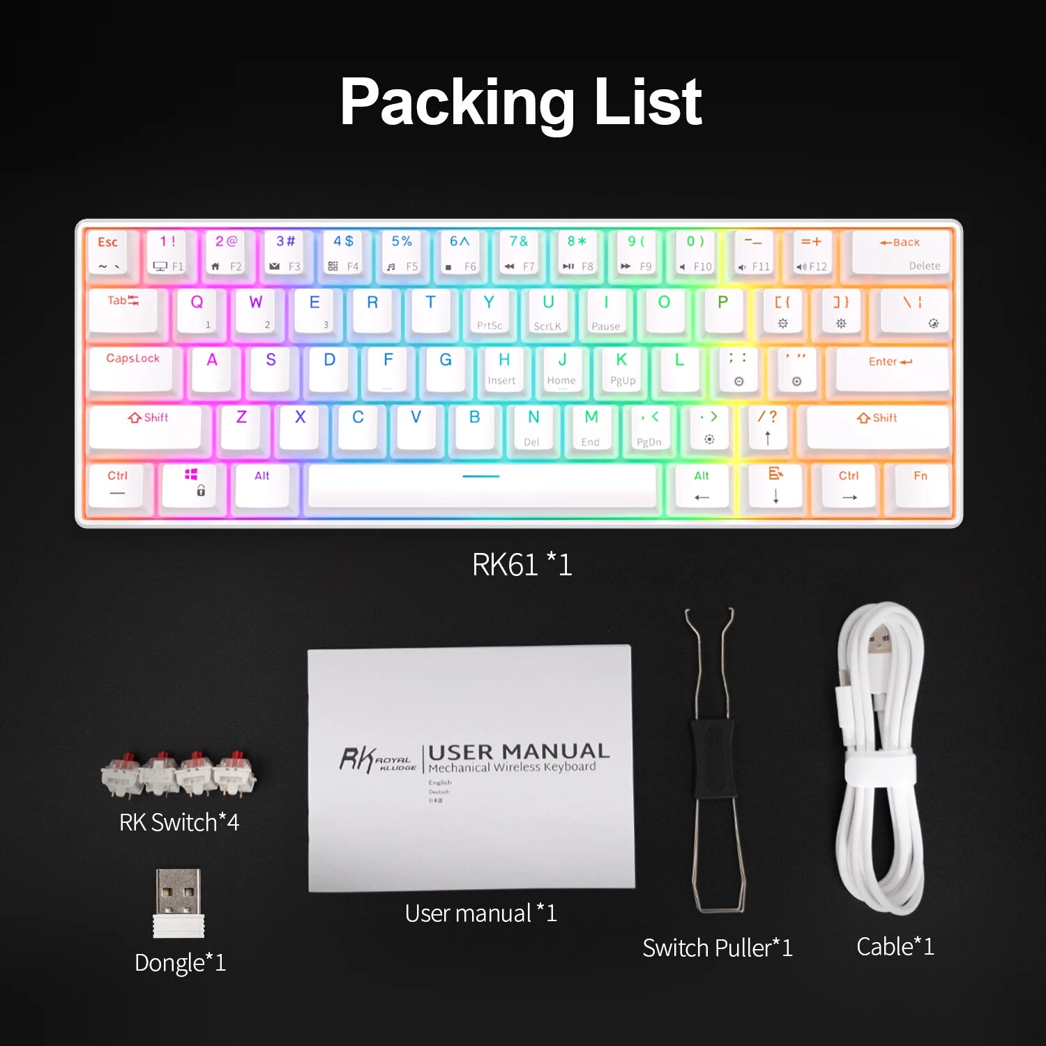 RK Royal Kludge RK61 2.4G Wireless Bluetooth Mechanical Keyboard Tri-mode 61 Keys RGB Backlit Mini Hot-swappable Gamer Keyboard. 