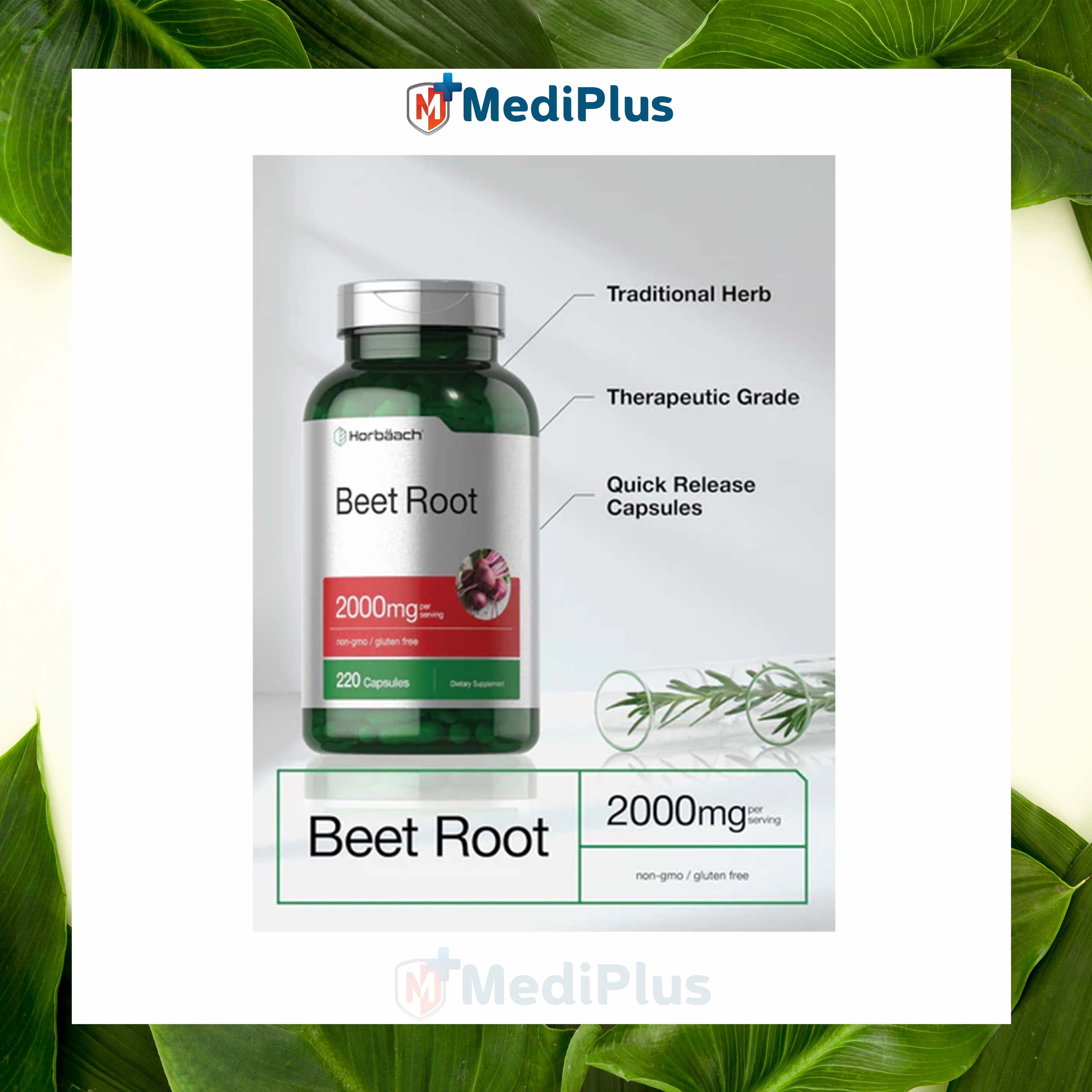 Horbäach Beet Root Powder Capsules | 220 Pills | Herbal Extract | Non-GMO, Gluten Free Supplement. 