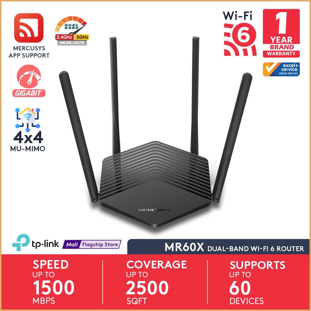 Mercusys MR60X AX1500 WiFi 6 Router | Dual Band 1500 Mbps Wireless 1.5 Gbps Gigabit Wi-Fi | OFDMA & MU-MIMO | 4× Multi-Directional high-gain Antennas with Beamforming. 