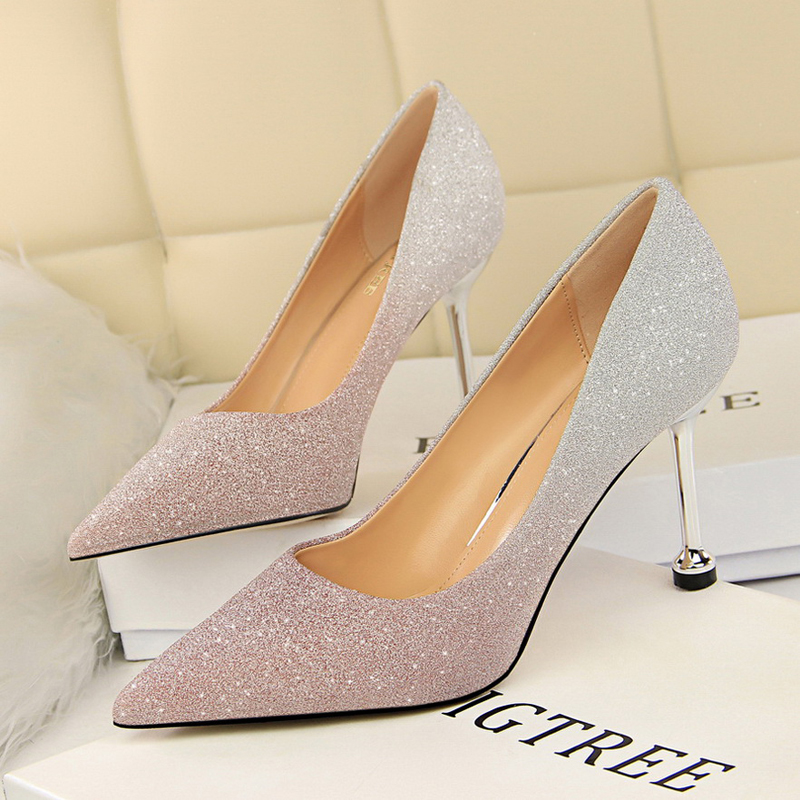 Size 34-40 High heels Korean Version Of Fashion Fine With High-heeled Shallow Mouth Pointed Shiny Color Gradient Color Matching Shoes High Heel Women's Shoes. 