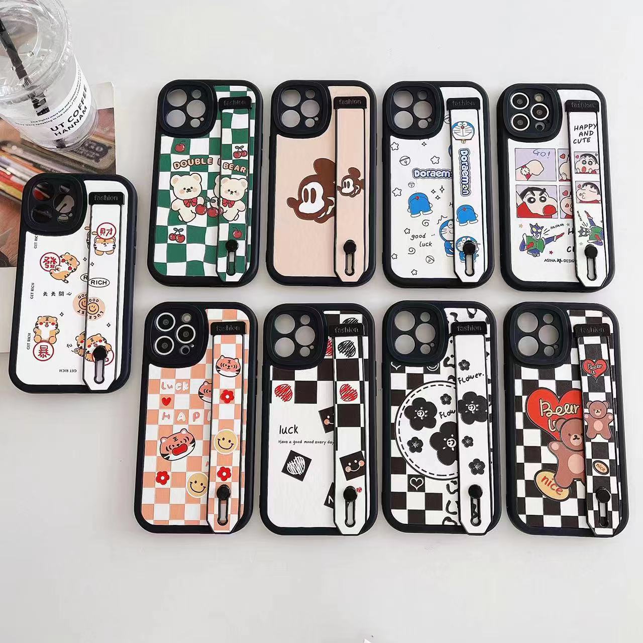 Fine Hole Wrist Strap Suitable iPhone15 Phone Case Apple 14Pro Cartoon bracket XSMAX Leather Protective Cover. 