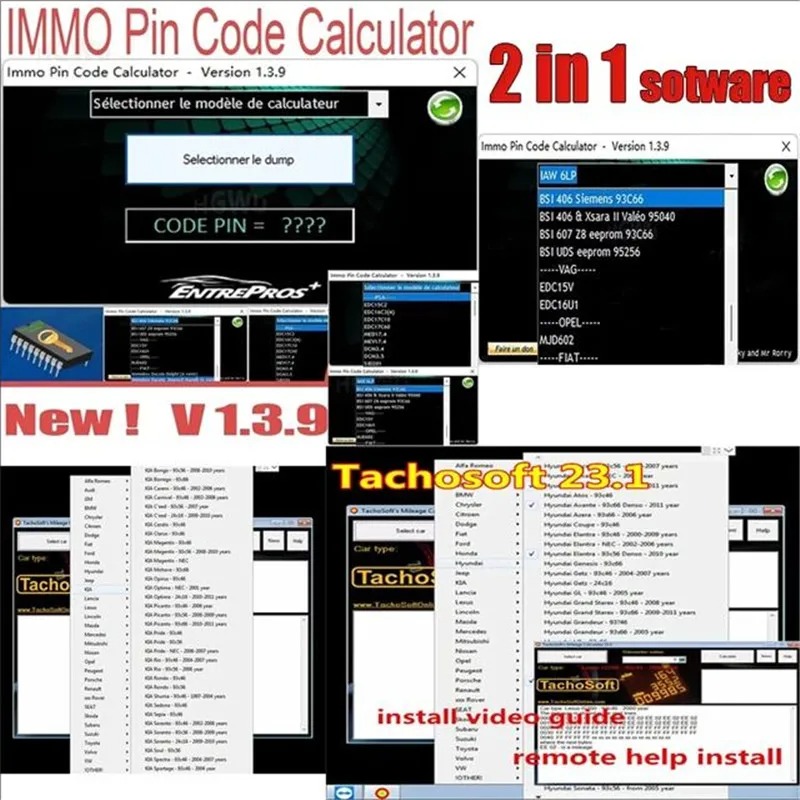 IMMO Pin Code Calculator V1.3.9 dash cam+TachoSoft Mileage Calculator 23.1 calculator+mileage software car repair software