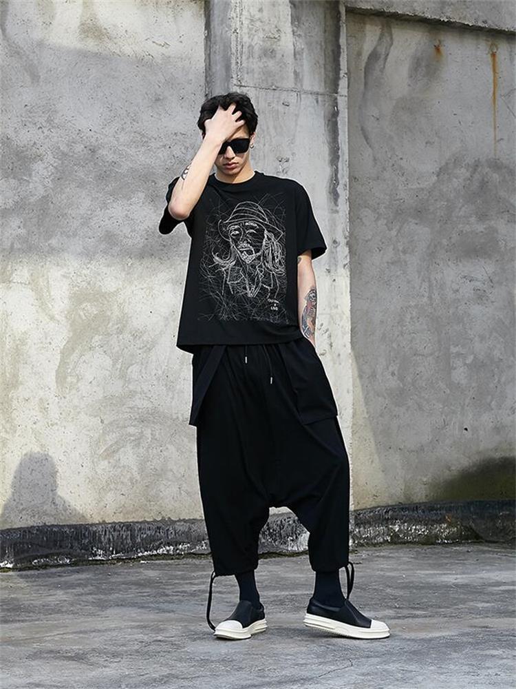 Men Drop Crotch Pants Autumn New Yamamoto Leg Pull Rope Design Loose Leisure Large Size Men Nine Minutes Pants. 