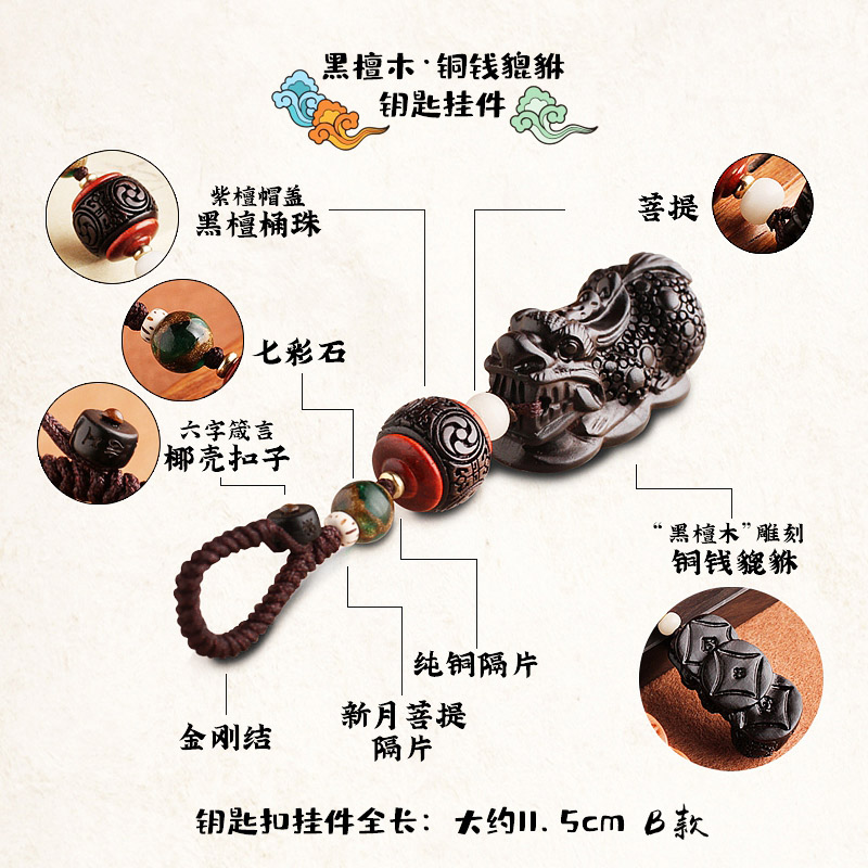 Pixiu keychain Handmade Rosewood Money Drawing Pi Xiu Key Chain Blackwood Car Key Ring Bag Hanging Ornaments. 
