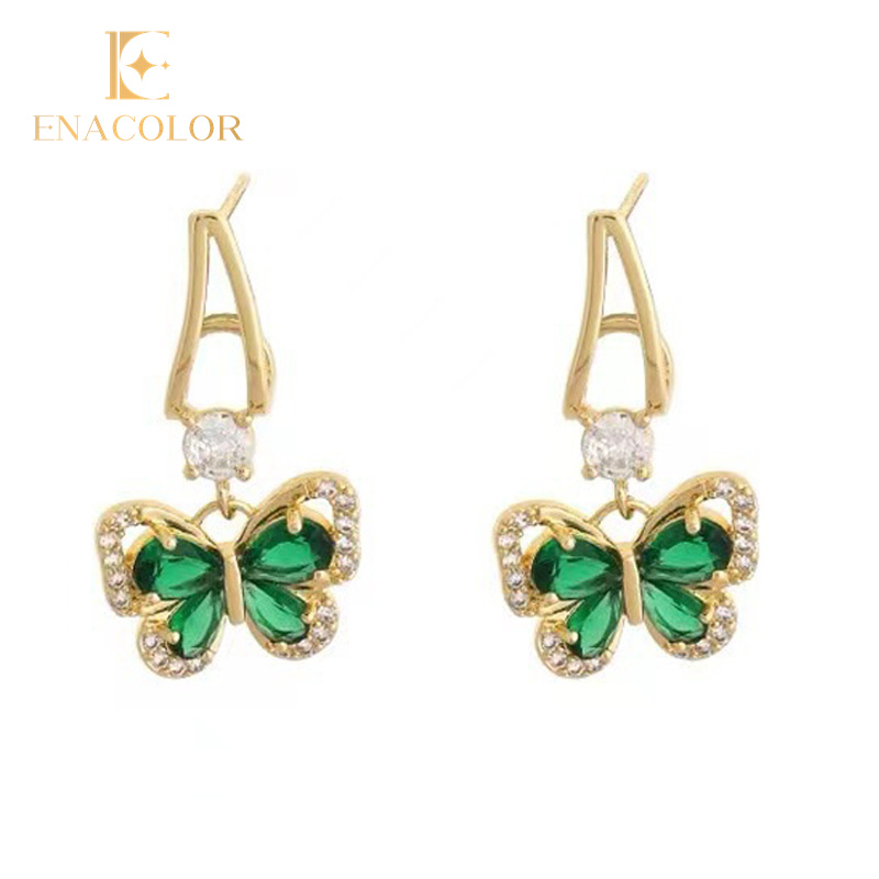 Vintage Green Crystal Butterfly Earrings for Women Girl Ins New Fashion