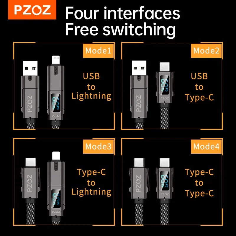 PZOZ 4 in 1 60W PD USB C Cable Digital Display Fast Charging For iPhone 15 14 13 12 Pro Max MacBook iPad USB Type C Cord Charger. 