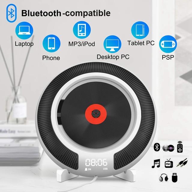 Portable Bluetooth-Compatible CD Player Wall Mount FM Radio Built-In Hifi Speaker With Remote Control Headphone Jack. 