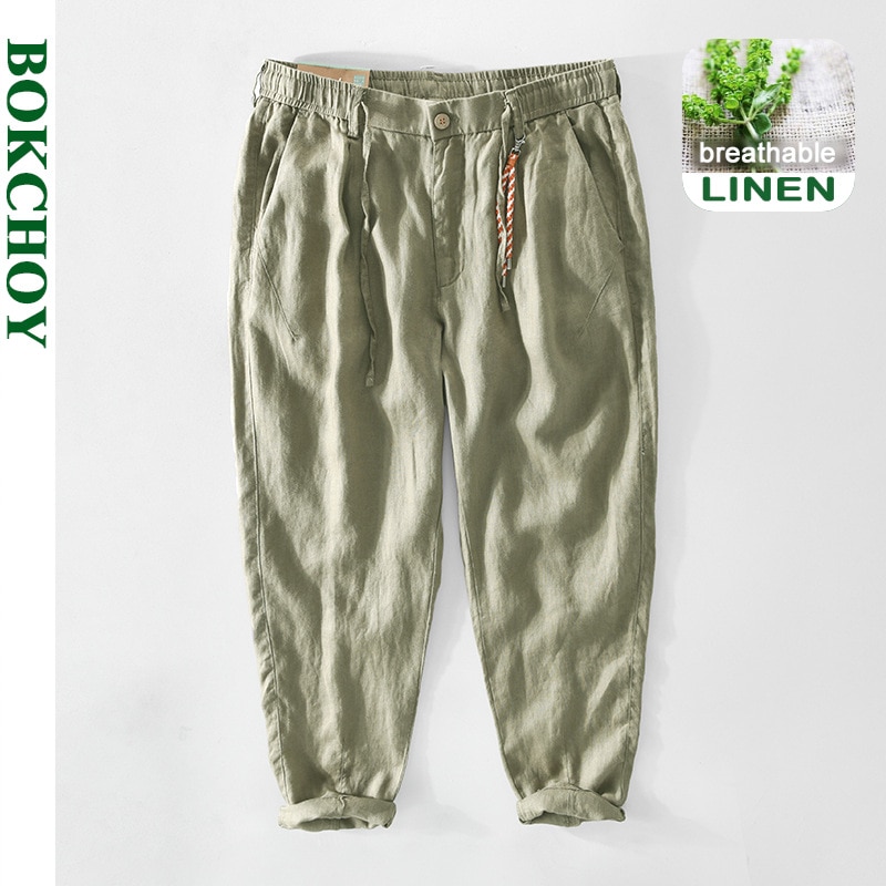 Spring Summer New Pure Linen Men Pants Thin Breathable  Made Casual Retro Khaki Green Trousers GA-Z356. 