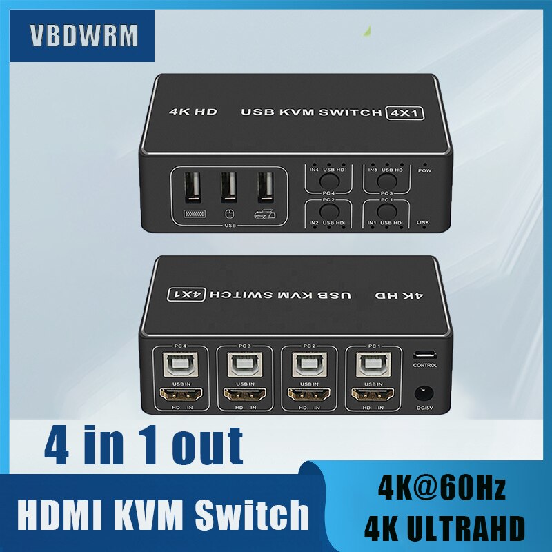 4K HDMI-compatible KVM Switch, 4 ports 4 in 1 Out HDMI KVM Switch Support 4K@60Hz for Laptop HDTV Monitor & UBS Mouse Keyboard-4X1 No hot key. 
