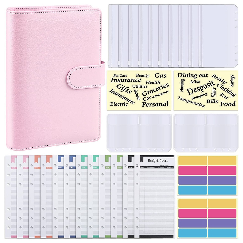 Budget Binder, A6 PU Notebook Planning Notepad, Replaceable 6 Ring Binder Coverfor Personal Planning of Budget Saving B. 