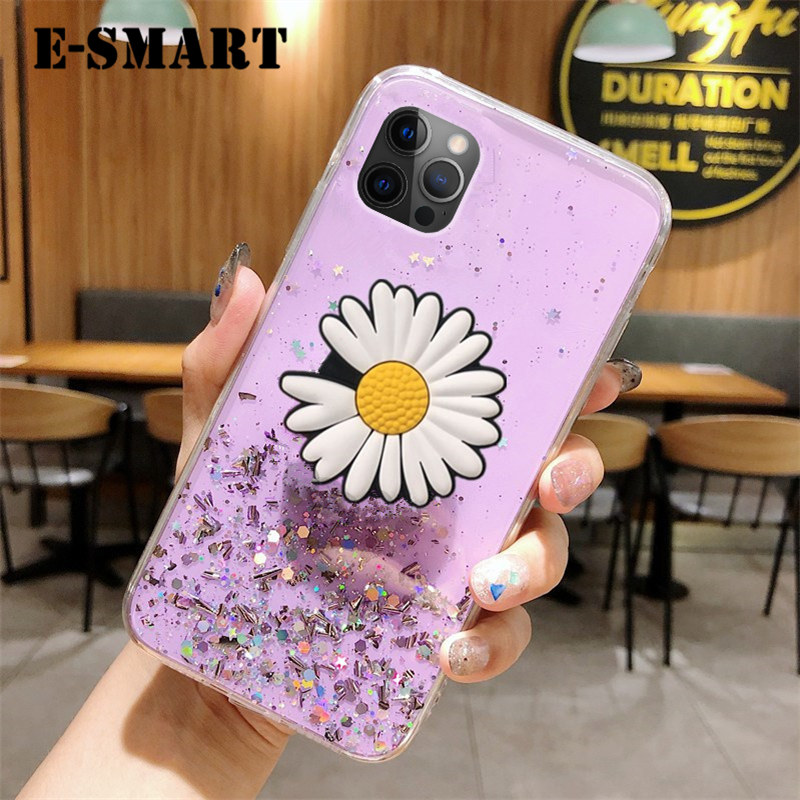 For iPhone13 Pro Max Transparent Bling Glitter Back Cover Soft Clear Shining Sequin Case with Daisy Flowers Folding iPhone13 Pro Max Back Cover