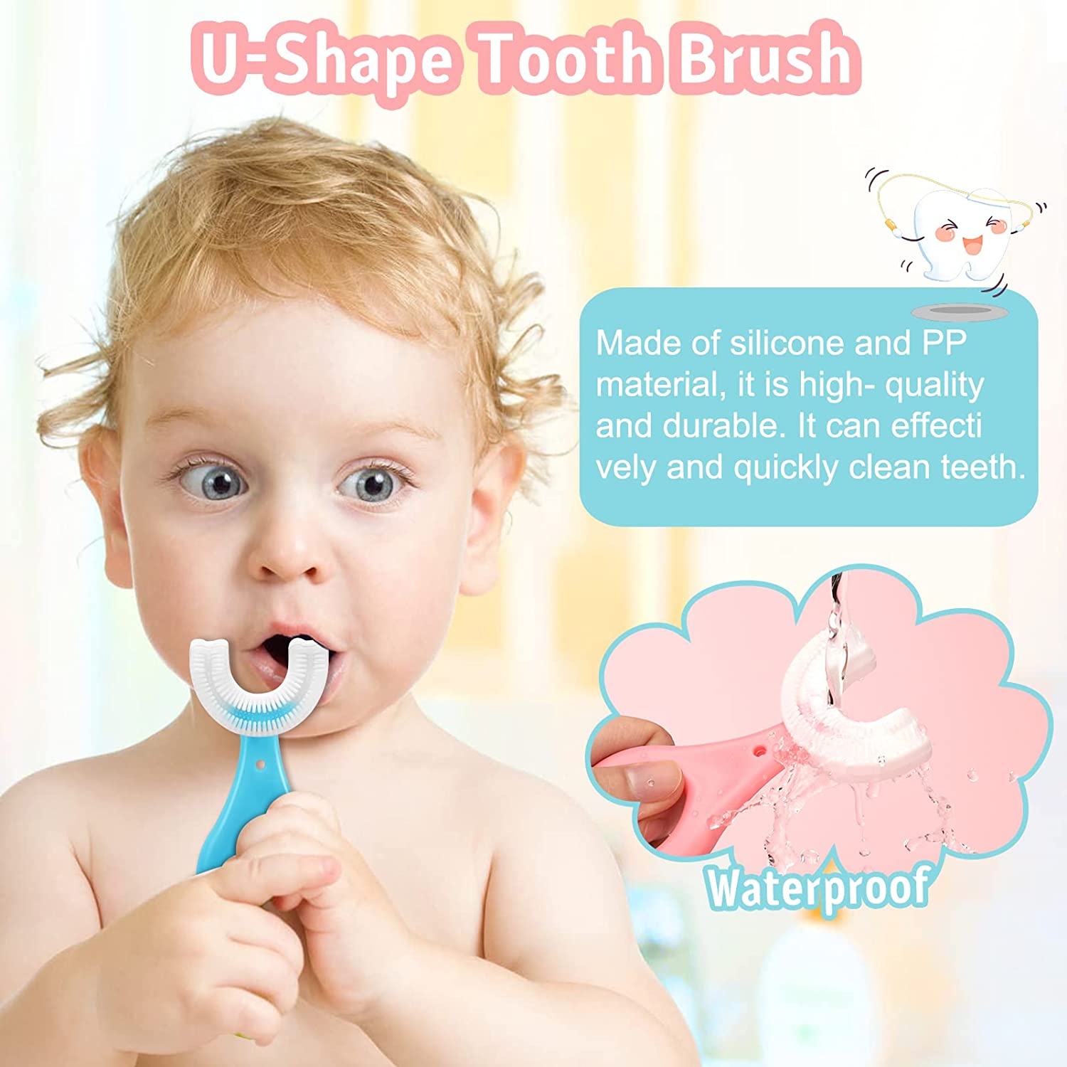 1 Pack Kids U Shaped Toothbrush with Soft Silicone Brush Head,Whitening Massage Toothbrush U-Type Toothbrush 360° Oral Teeth Cleaning Design for Toddlers and Children Ages 2-8 Year Old(Blue+Pink)
