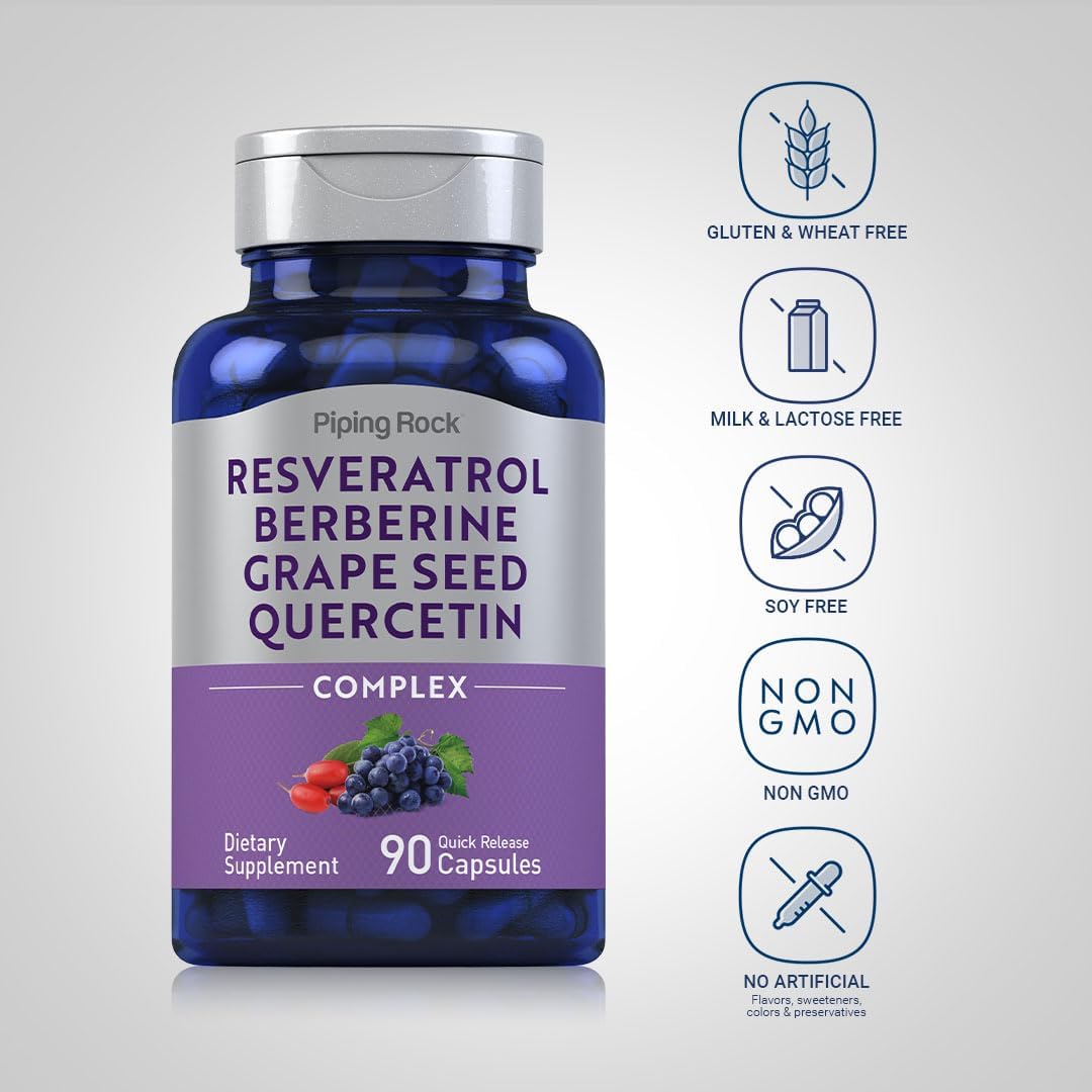 Piping Rock Resveratrol Berberine Grape Seed & Quercetin | 90 Capsules | Non-GMO Gluten Free Supplement. 