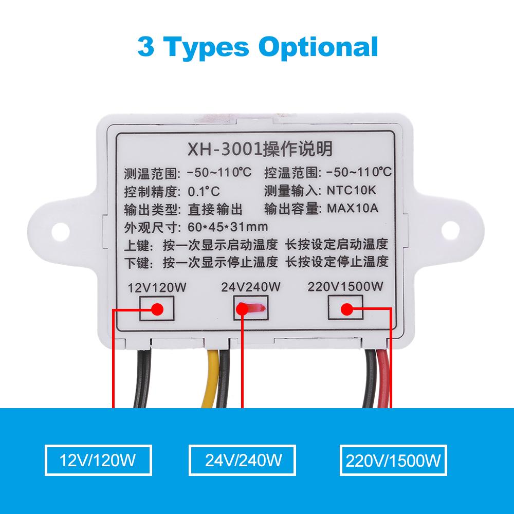 XH-W3001 Intelligent Digital Microcomputer Temperature Controller LEDs-Display Mini Thermostat Switch Heating/Cooling Temperature Control Switch with Water-resistant Sensor Probe 24V. 