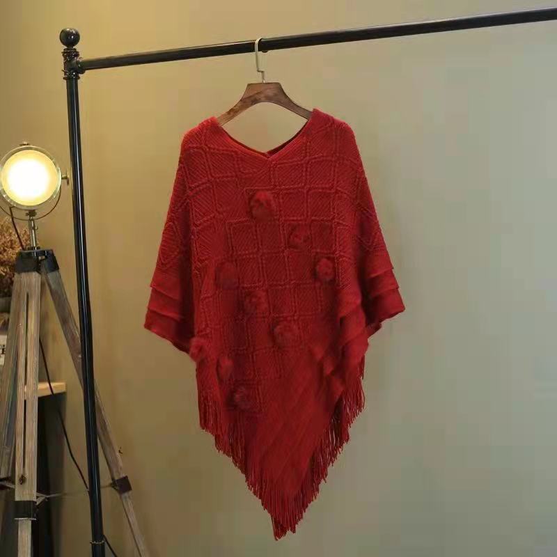 Autumn and winter bat shirt tassel ethnic shawl knitted cape sweater round neck pullover jacket women's scarf women