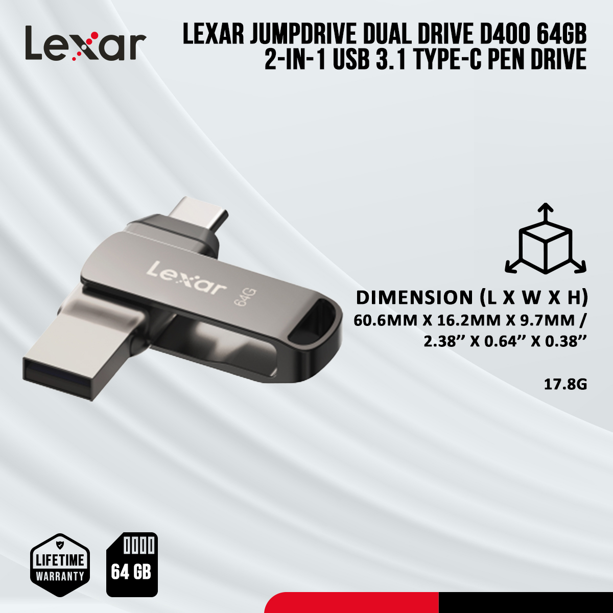 Lexar JumpDrive Dual Drive D400 64GB 2-in-1 USB 3.1 Type-C Pen Drive with 256-bit AES Encryption - PC/Android/Mac Compatible. 
