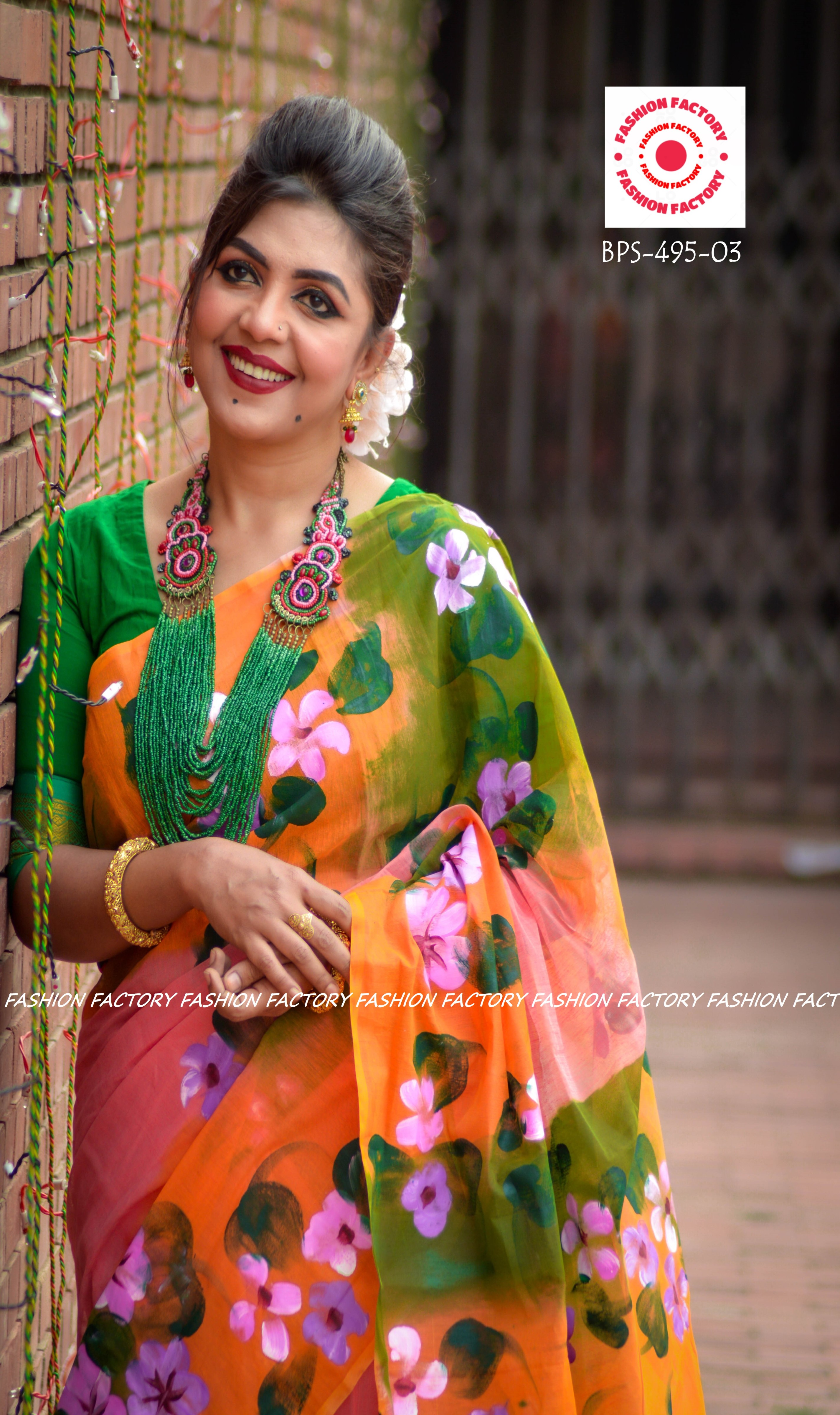 Stylish Fashionable Trendy Gorgeous Party Half Silk Misti Green Hand Paint Saree Set for Women/Girls. 