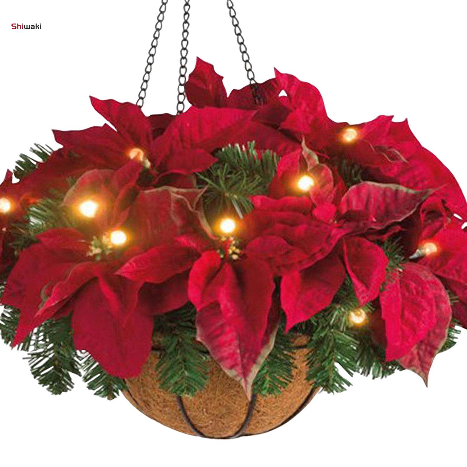 Artificial Hanging Flowers Basket LED with String Lights Courtyard Artificial Poinsettia for Porch. 