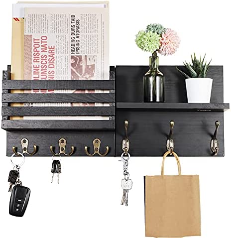 Key Holder for Wall Wooden Mail Holder for Wall Rustic Key Hanger for Wall Key Rack with 4 Double Key Hooks and A Floating Shelf Home Decor Mail Organizer Wall Mount for Entryway - All Solid Pine Wood