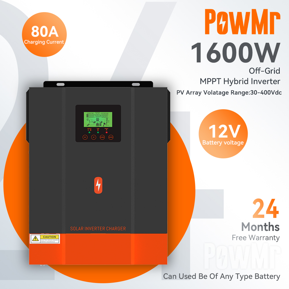 PowMr 1.6KW Hybrid Solar Inverter 230Vac PV Start Voltage 30Voc Built In 80A MPPT Solar Charge Controller 50/60Hz Auto Pure Sine Wave Inverter POW-HVM2H-12V-N. 