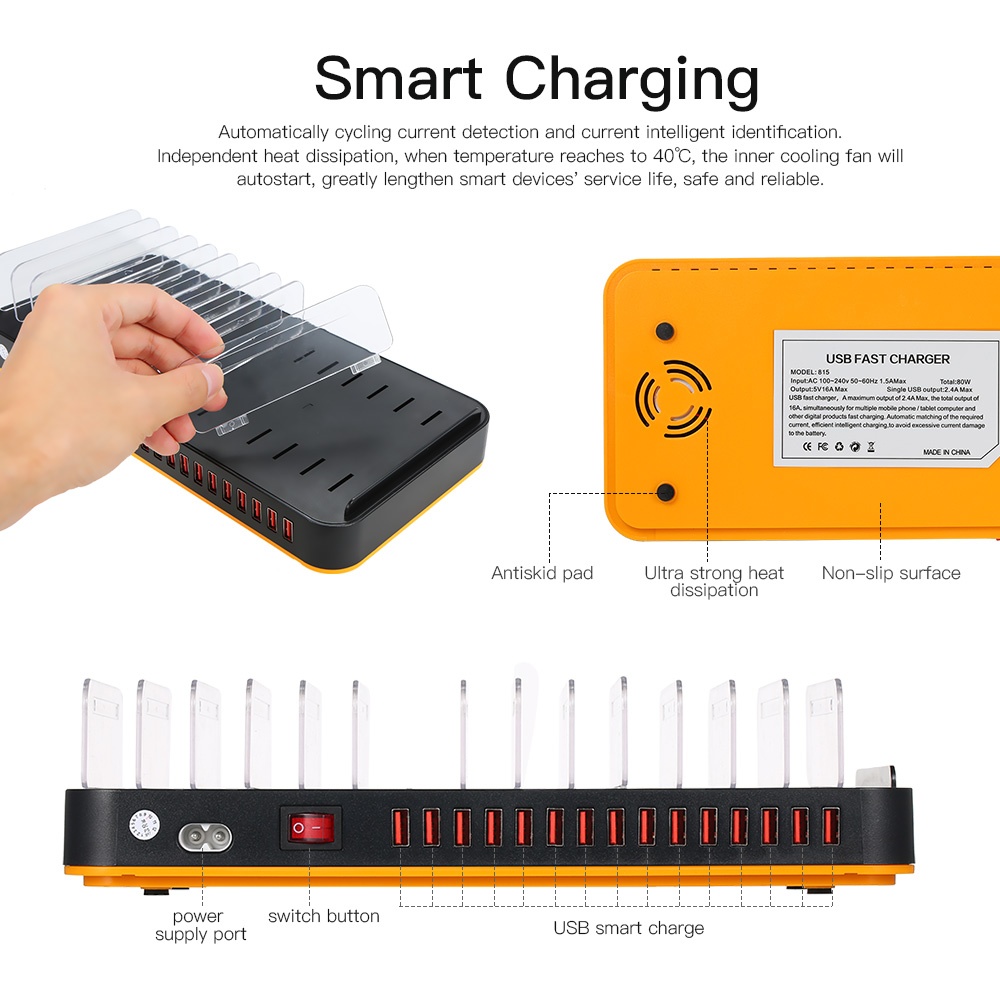 80W 15-Port Adjustable Dividers USB Charger Smart Charging Station Dock Multi Device Desktop Organizer Hub Stand with Intelligent IC Auto Detect Tech. 