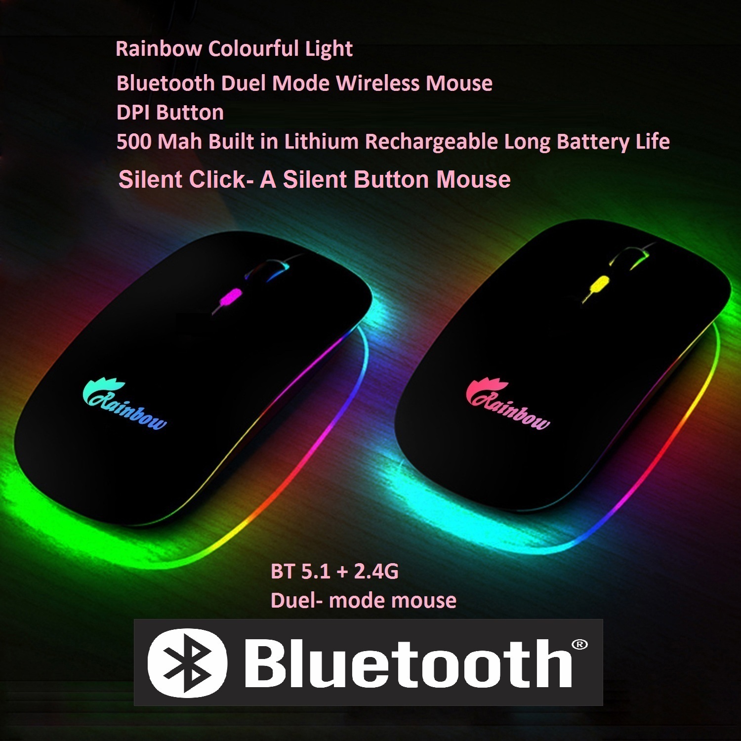 Rainbow Duel Mode Bluetooth Version Rgb Rechargeable Wireless Mouse - Effortless Wireless Connectivity For Gaming Enthusiasts. 