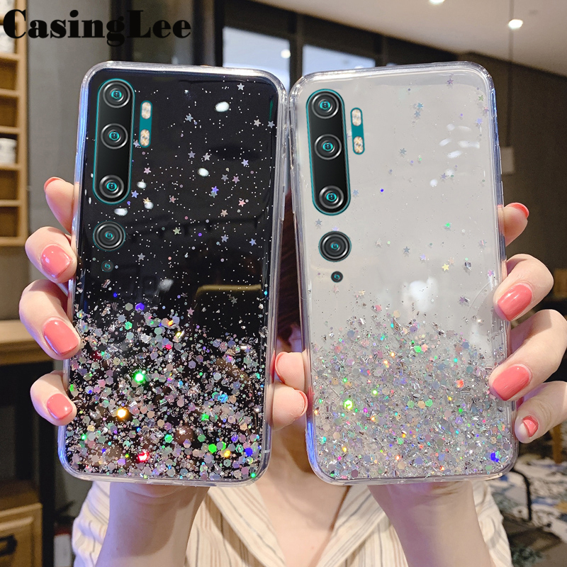 Casinglee For Xiaomi Note 10 Pro case Full Stars Moon Glitter Bling Sequins Cases Soft Back cover for Xiaomi Note 10 Pro Phone cases Starry Sky Transparent For girls and Boys