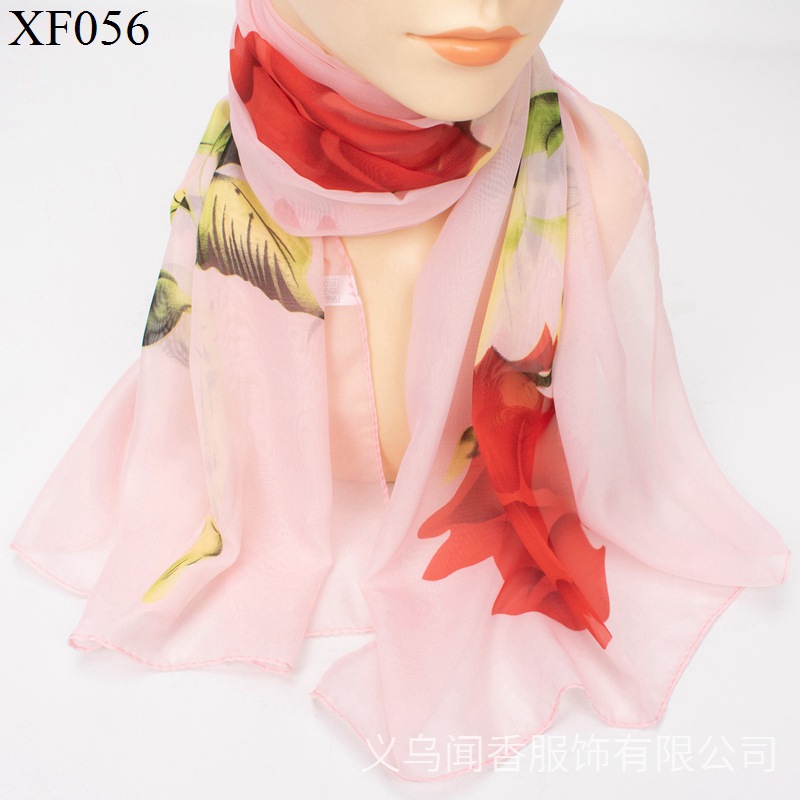 Chiffon silk scarf, women's rose print, small shawl, versatile, trendy neck protection, cold and warm scarf, tulle scarf