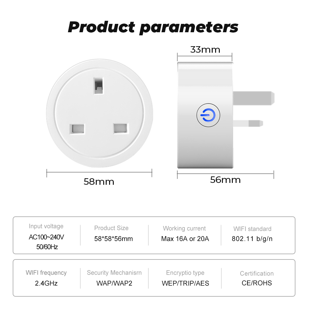 SMATRUL - WiFi Smart Socket - 16/20A - Power Monitor - UK Plug - Wifi+Bluetooth Dual Mode - Tuya/Alexa/Google Home. 