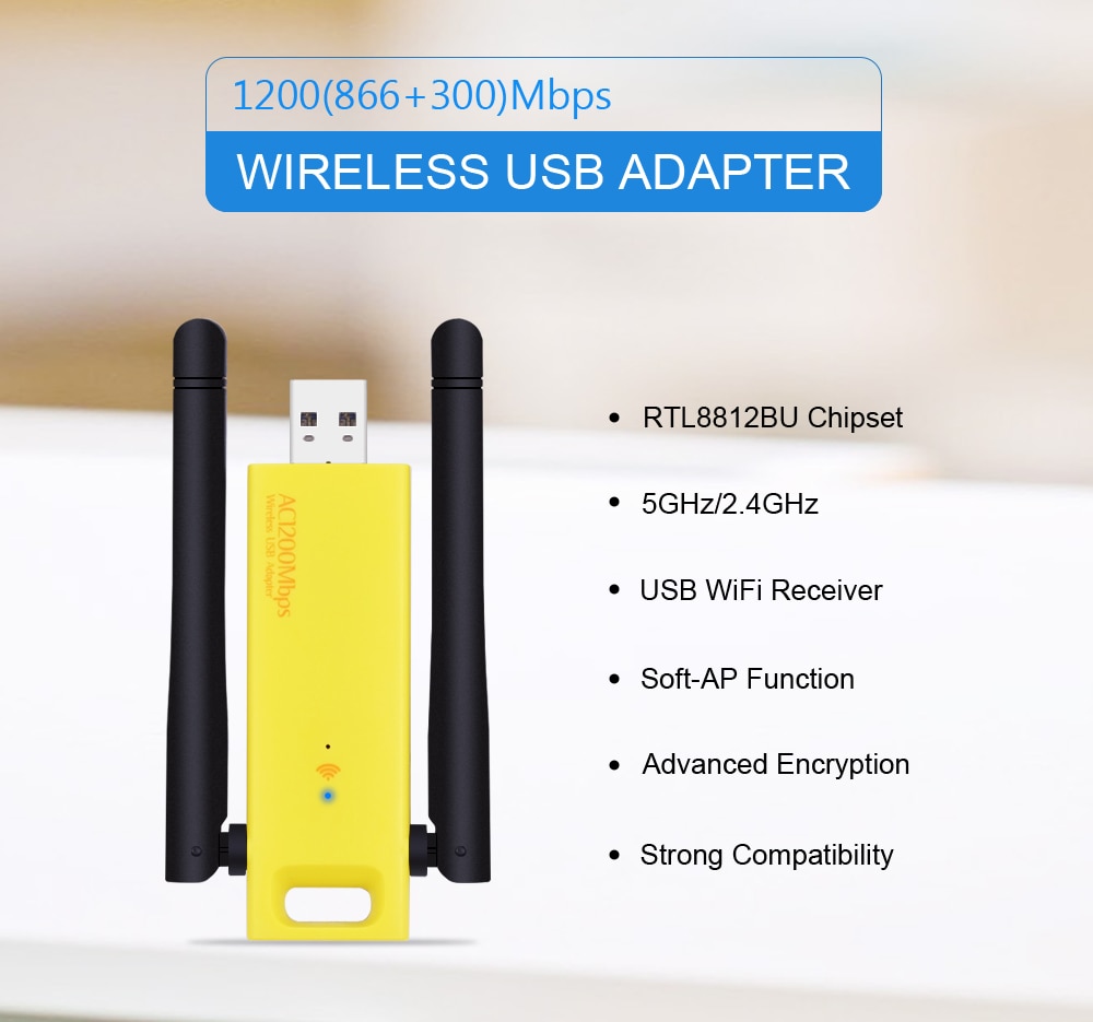 CHIPAL Dual Band 1200Mbps Wireless USB 3.0 Realtek RTL8812AU/BU Wifi Adapter 2.4G/5Ghz Network Card Dongle With Antennas for PC. 