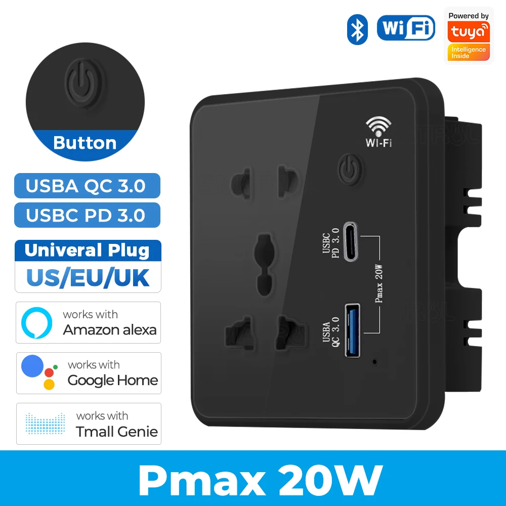 Tuya Smart Multiplug Wall Socket with USB Quick Charging. 