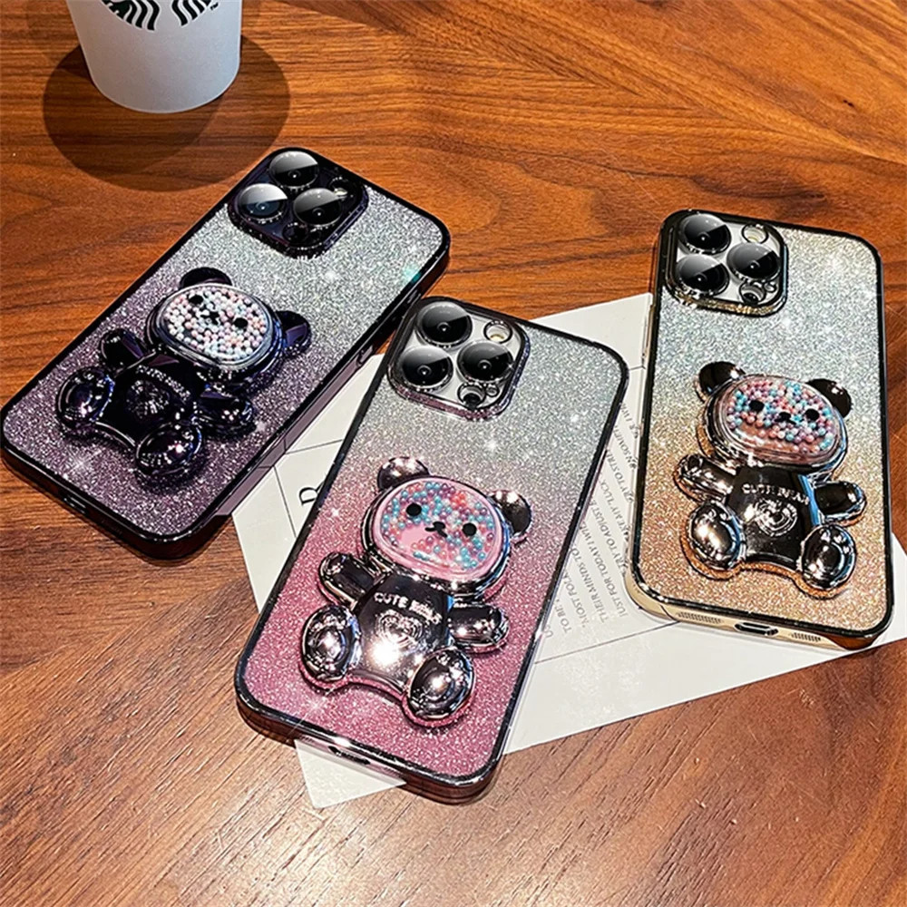 For OnePlus Nord CE 2 5G / Nord CE 2 Lite 5G Back Cover case with Gradient 3D Bear Folding Stand Bracket Luxury Slim 6D Plating Glitter Girls Phone Case Clear Soft Silicone Protective Cases Pouch. 