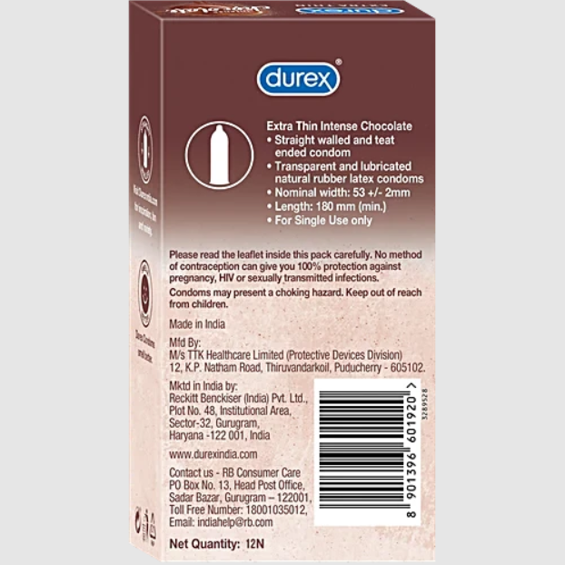 Durex Extra Thin Intense Chocolate Flavored Condom For Men | 12pcs Pack | India. 