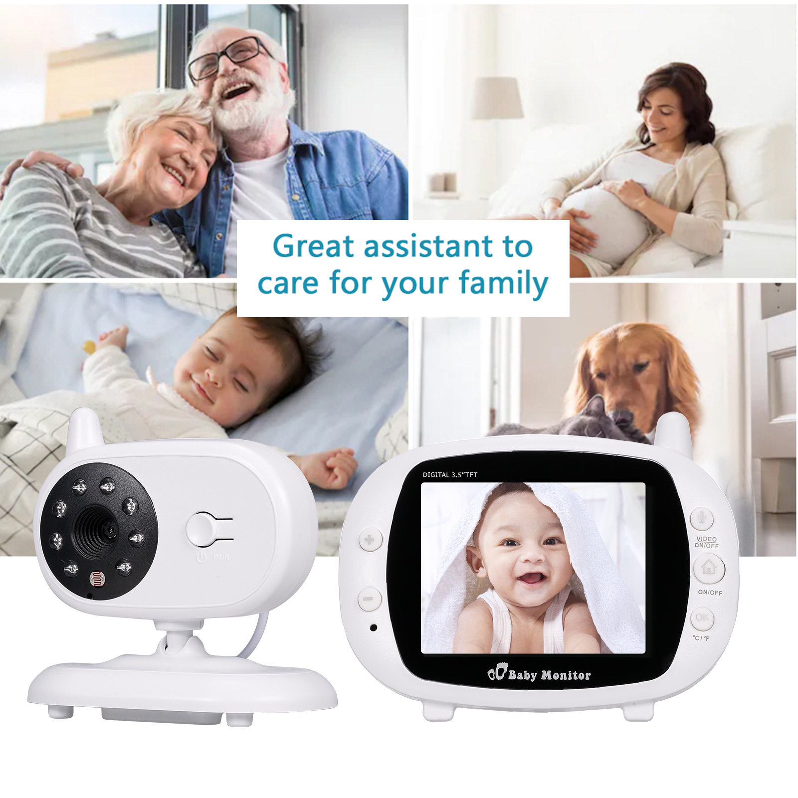 Wireless Audio Baby Monitor Digital Video Baby Monitor 3.5-Inch Color TFT with 5 Lullabies Infrared Night Vision Two-way Talk Back Temperature Detection. 