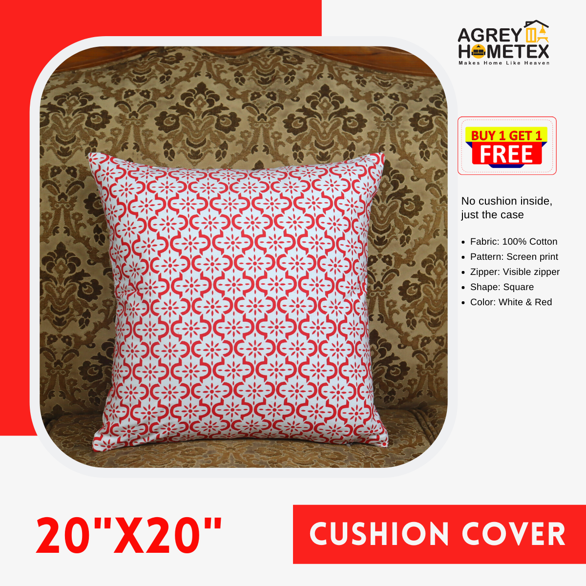 Cushion Cover, White & Red (20"x20"), Only Cover
