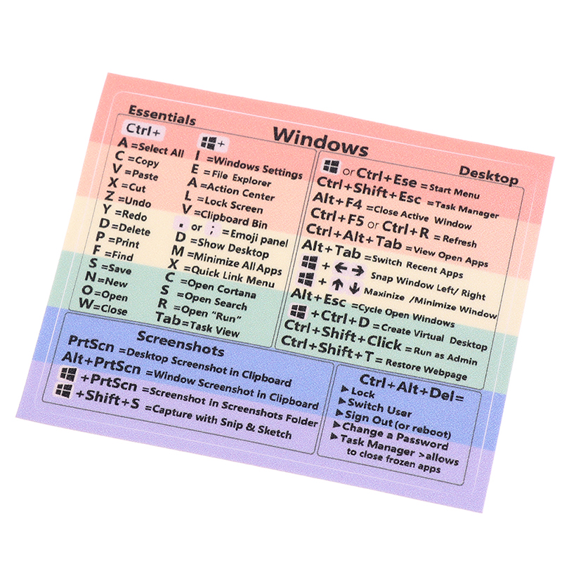 Windows Keyboard Reference Shortcut Cheat Sheet Sticker Water Proof Rainbow. 