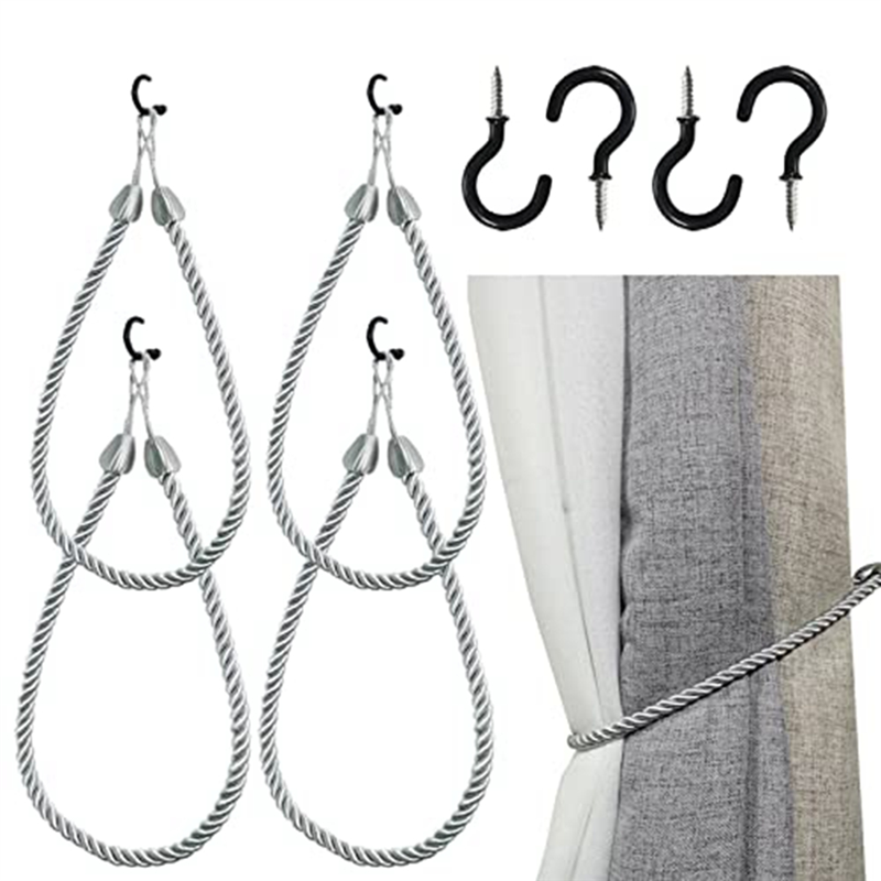 Curtain Tiebacks Rope Holders Cord for Thin or Thick Window Drapes 4 Pack Curtain Holdbacks with 4 Metal Screw Hooks Beige. 