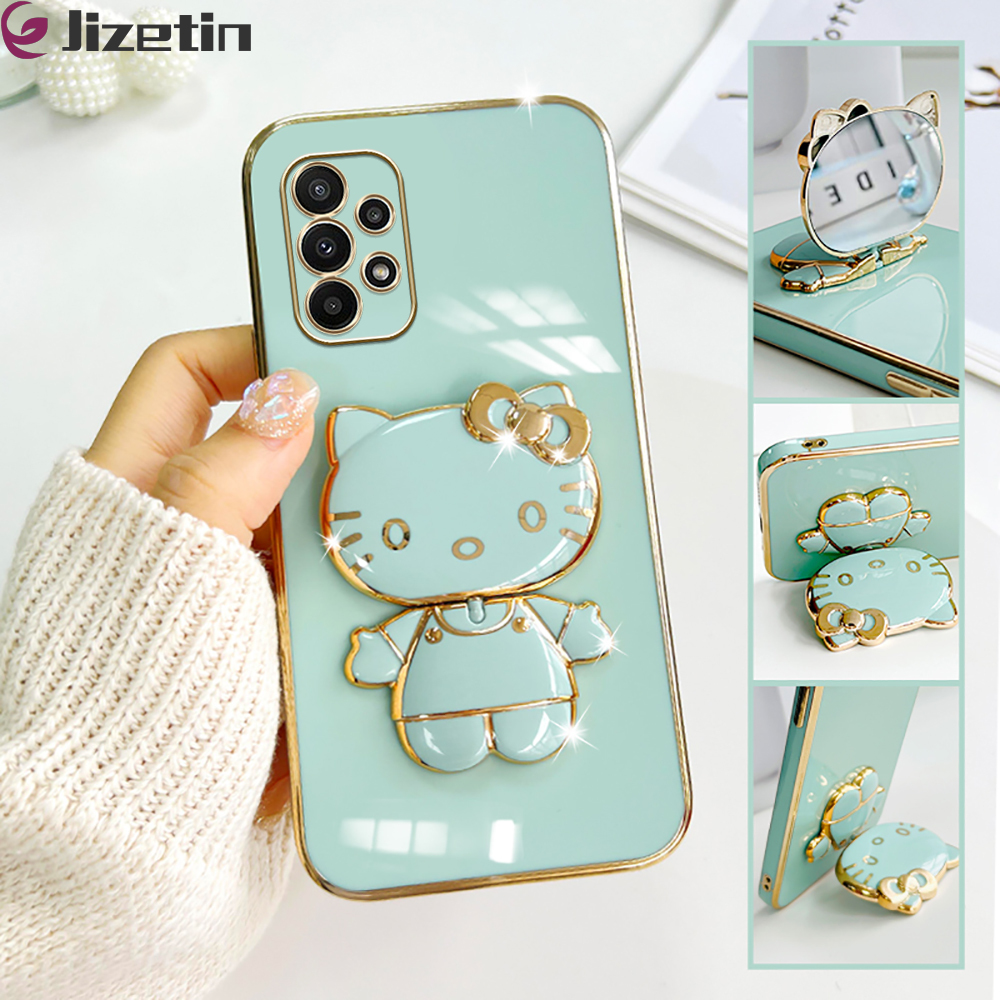 Jizetin for Samsung A23 Back Cover + Mirror + Hello Kitty Bracket 360 Rotation Luxury Plating Fashion Holder Phone Cases