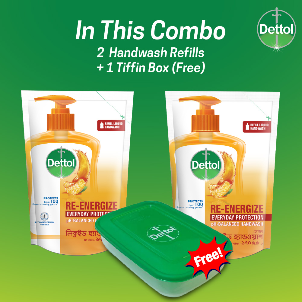 Dettol Handwash Re Energize Refill Double Pack (170ml x 2) Get Tiffin Box. 