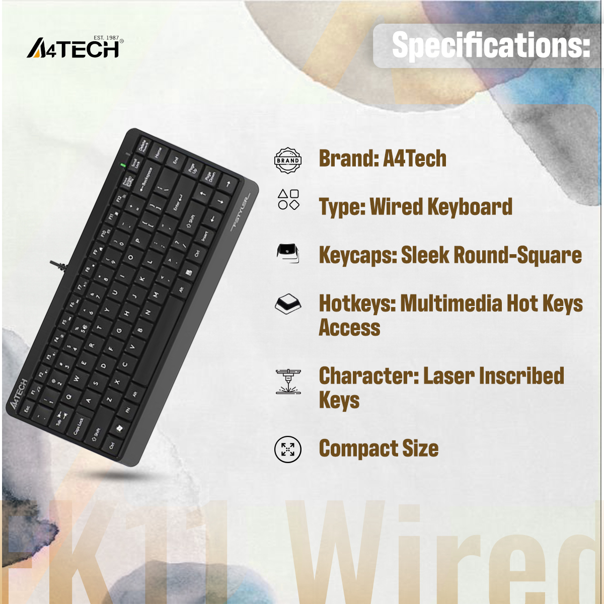 A4TECH FK11 Wired Mini Keyboard - Compact Size - Sleek Round-Square Keycaps - Multimedia Hot Keys - USB - For PC/Laptop - Black. 