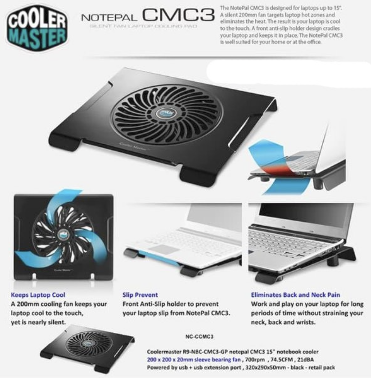 Cooler Master Notepal CMC3 Notebook Cooling Pad-Compatibility: Supports up to 15.6" laptops. 